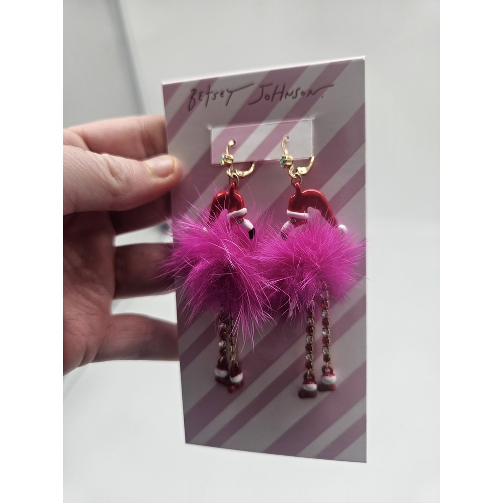 Betsey Johnson Gold Tone & Pink Fluffy Santa Flamingo Drop Earrings Crystal NWT